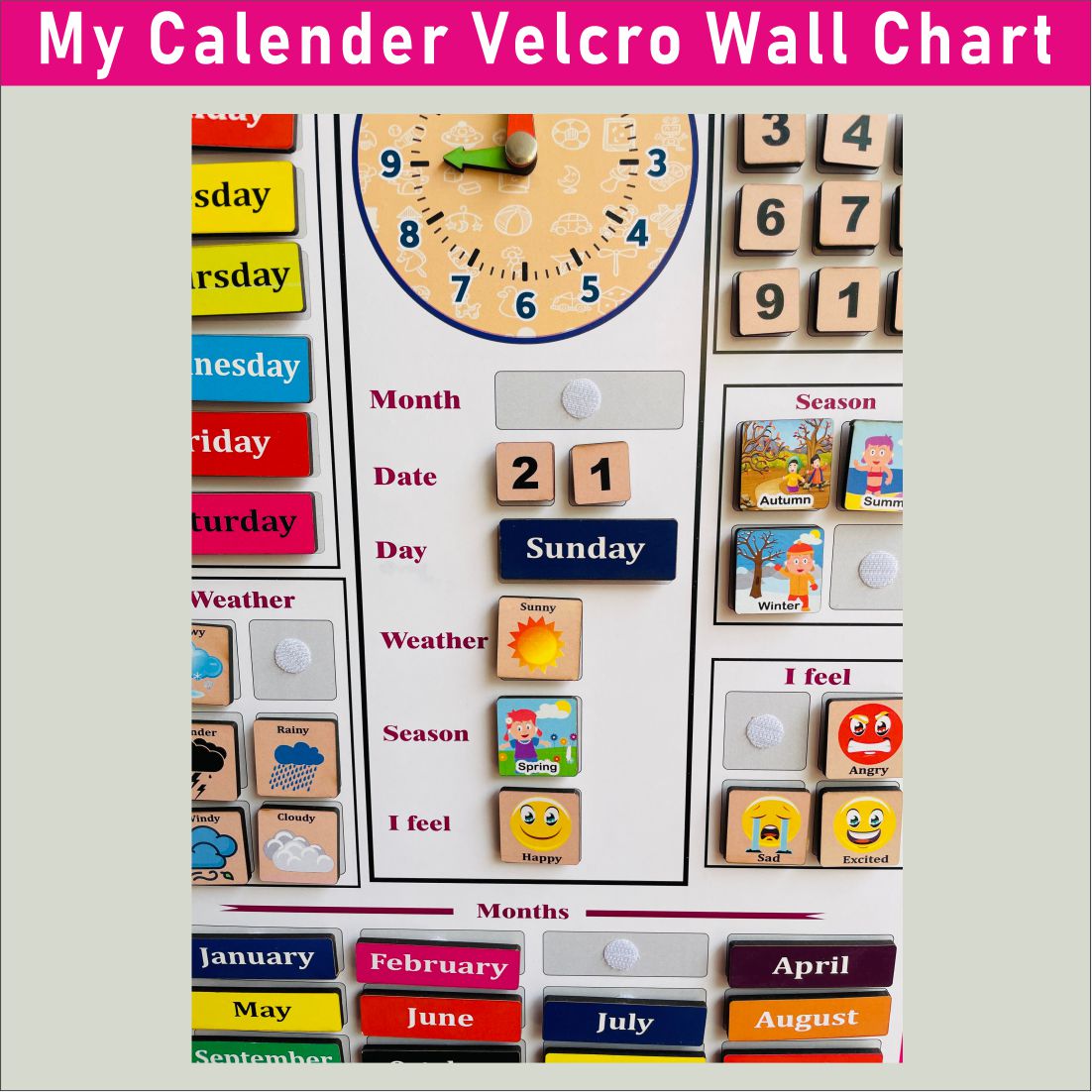 Wooden My First Calendar Activity Learning Board- Velcro Based for Kids