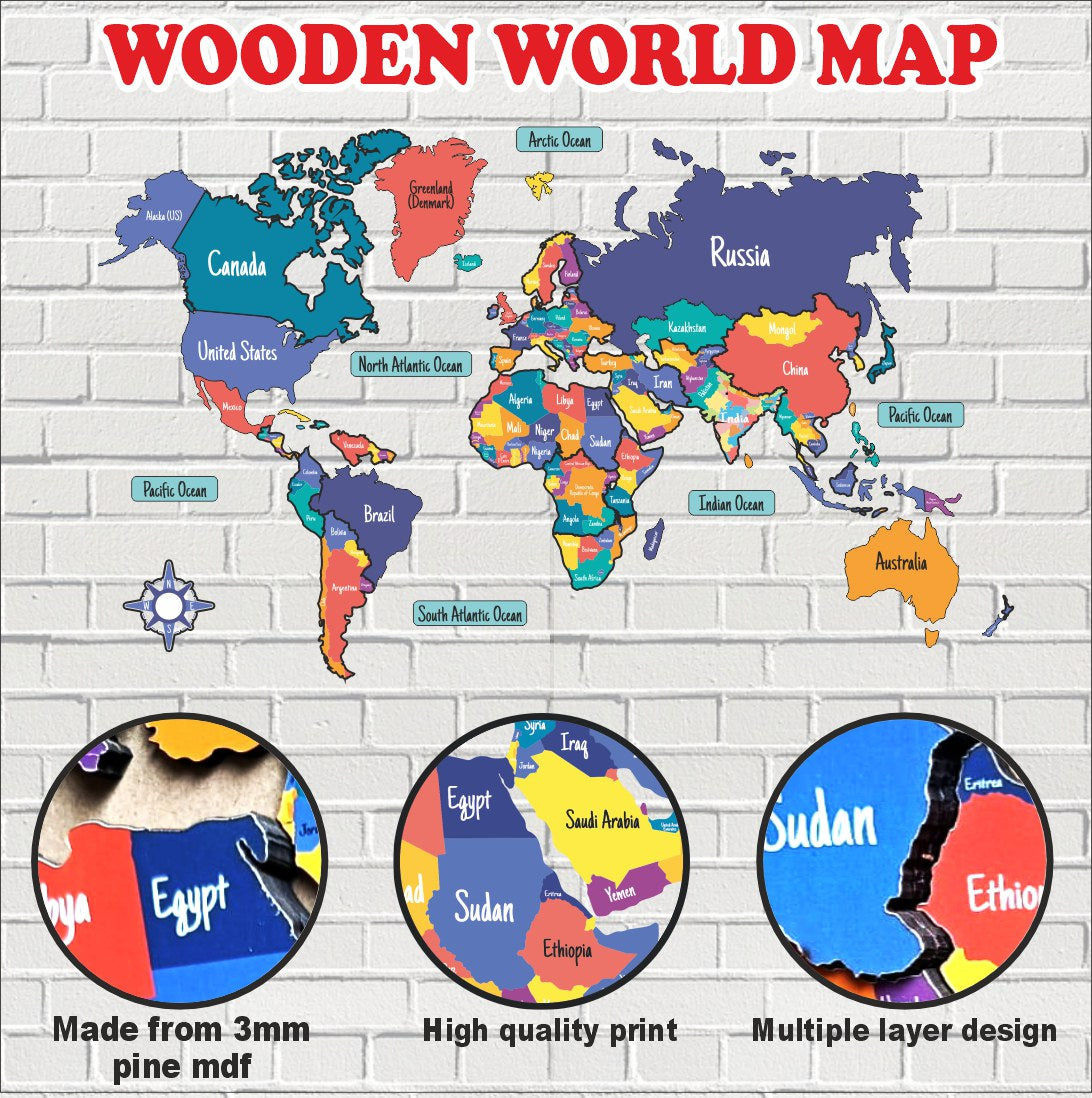Wooden 3D World MAP Decor - The World in Layers Map