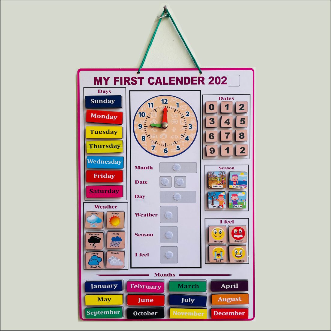 Wooden My First Calendar Activity Learning Board- Velcro Based for Kids