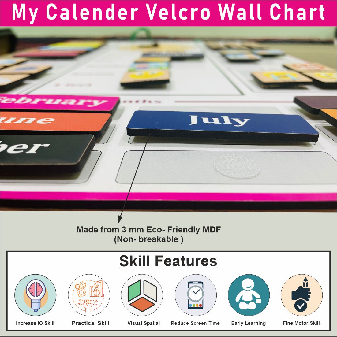 Wooden My First Calendar Activity Learning Board- Velcro Based for Kids