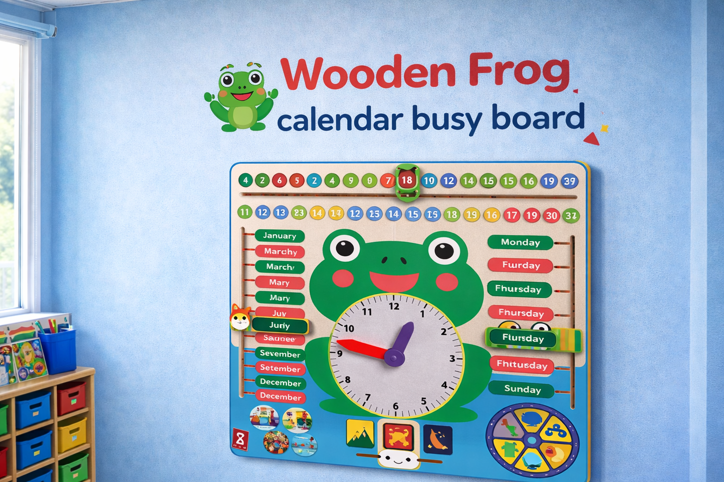 Wooden Frog Learning Calendar & Weather Board | Montessori Educational Wall Activity Board (32 × 32 Inches)