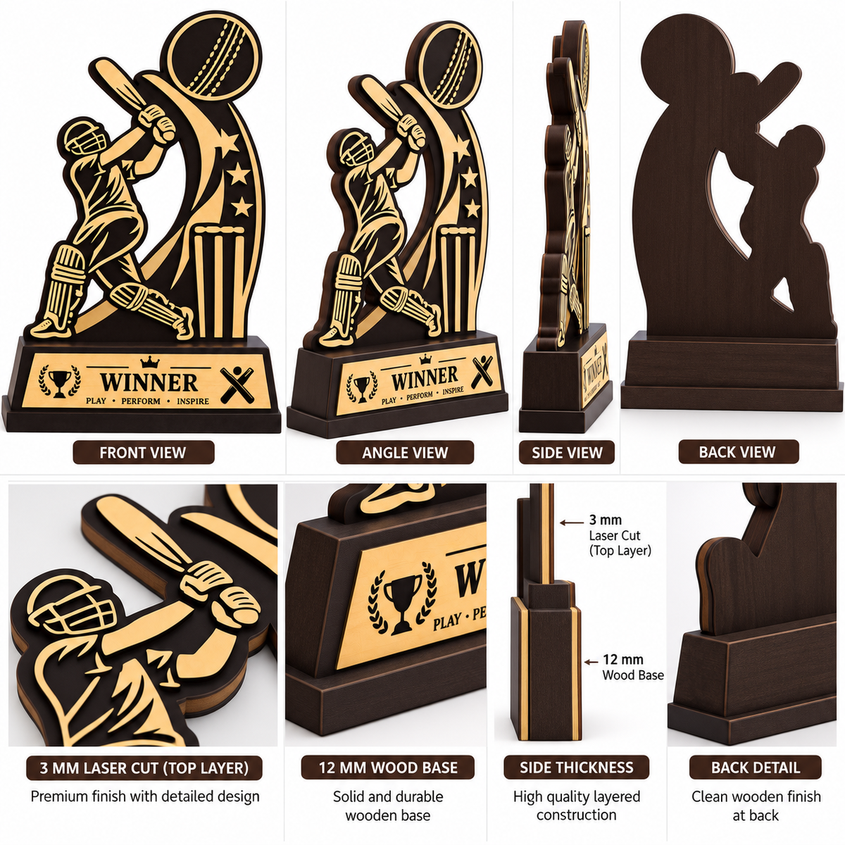 Winner Wooden Cricket Trophy – Premium Sports Award - Avl sizes- 8,10,12,14 inch