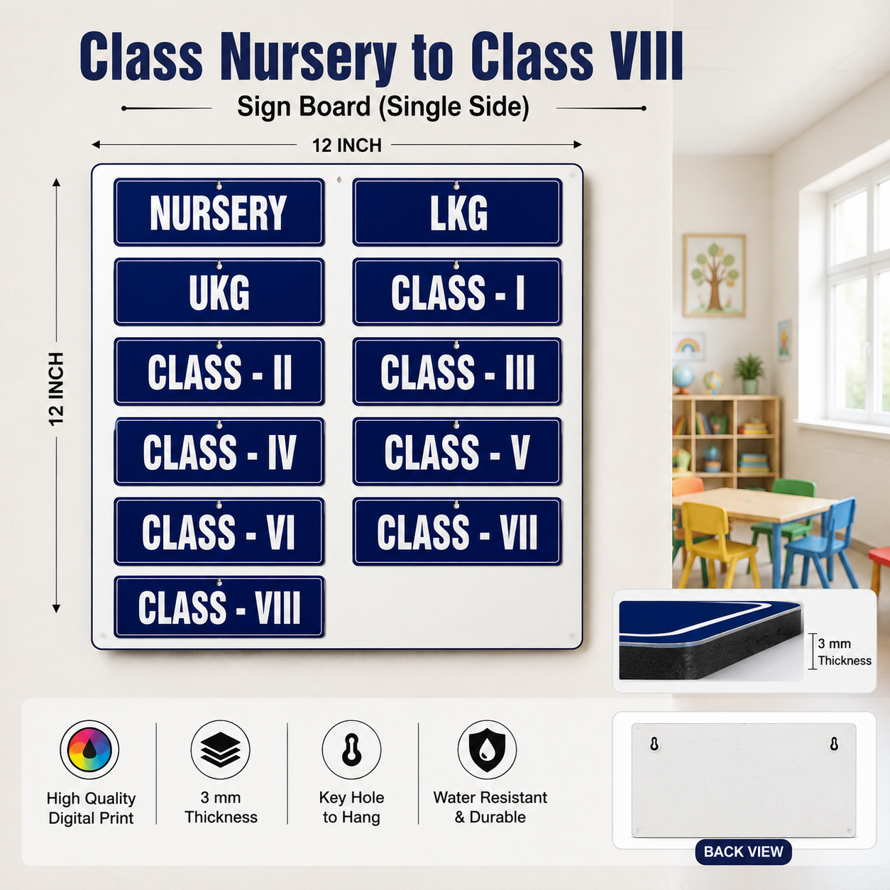 Nursery – Class VIII Sign Board (Single Side) - MDF - 12*4 inch each- Set of 11 Signage