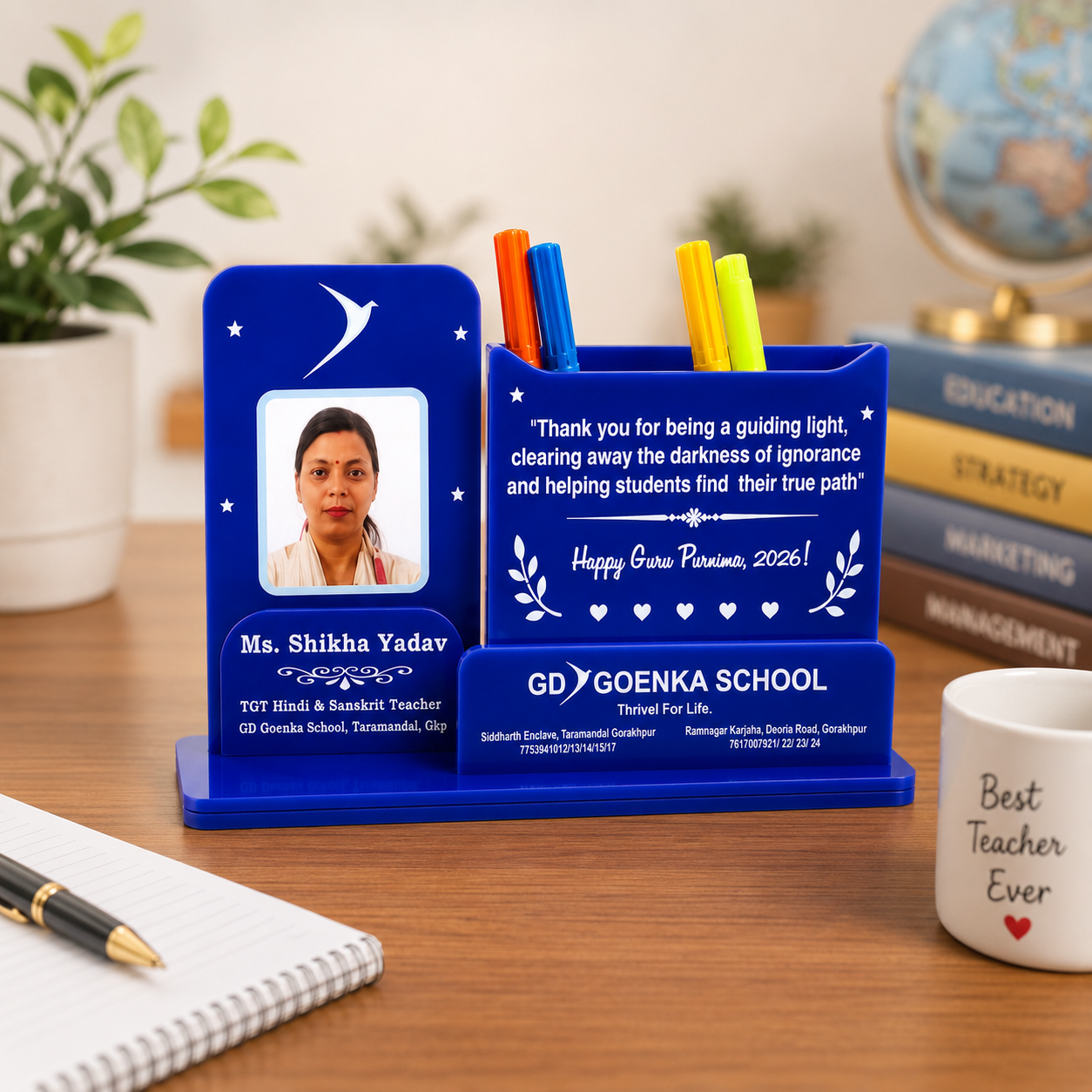 Teacher's Personalised Desk Organiser with Photo Frame & Pen Stand - Acrylic- Double side- 9*5 inch