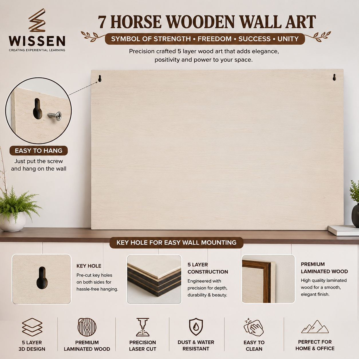 WISSEN 7 Horse Wooden Wall Art | Premium 5 Layer 3D Wooden Wall Decor for Living Room, Office & Home | Vastu Decorative Wall Hanging (36 x 19.5 Inches)