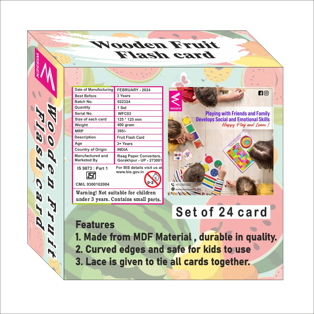 Wooden (MDF) Fruits Learning Flash card with lacing thread.