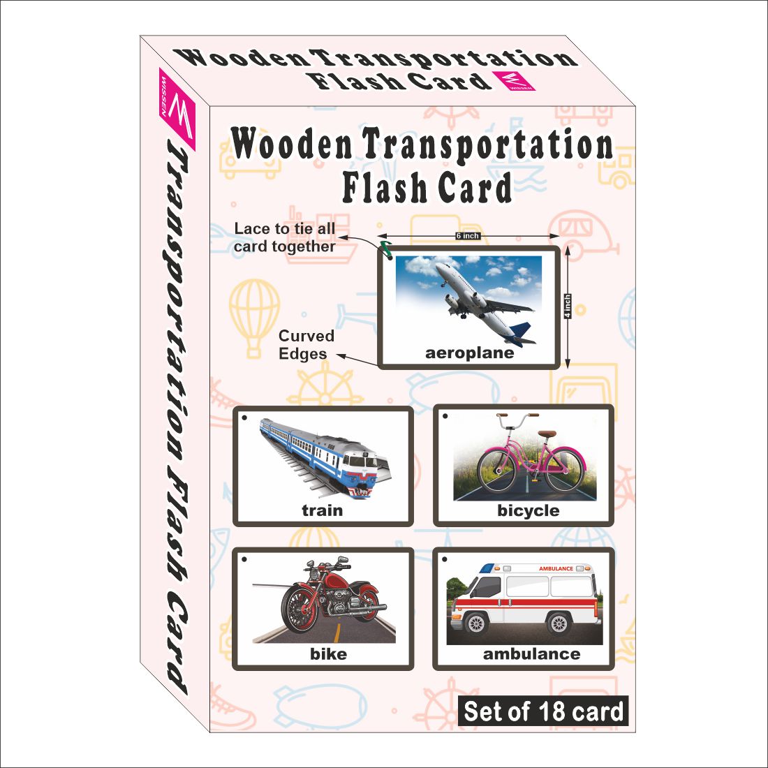 Wooden (MDF) Transportation Learning Flash card with lacing thread.