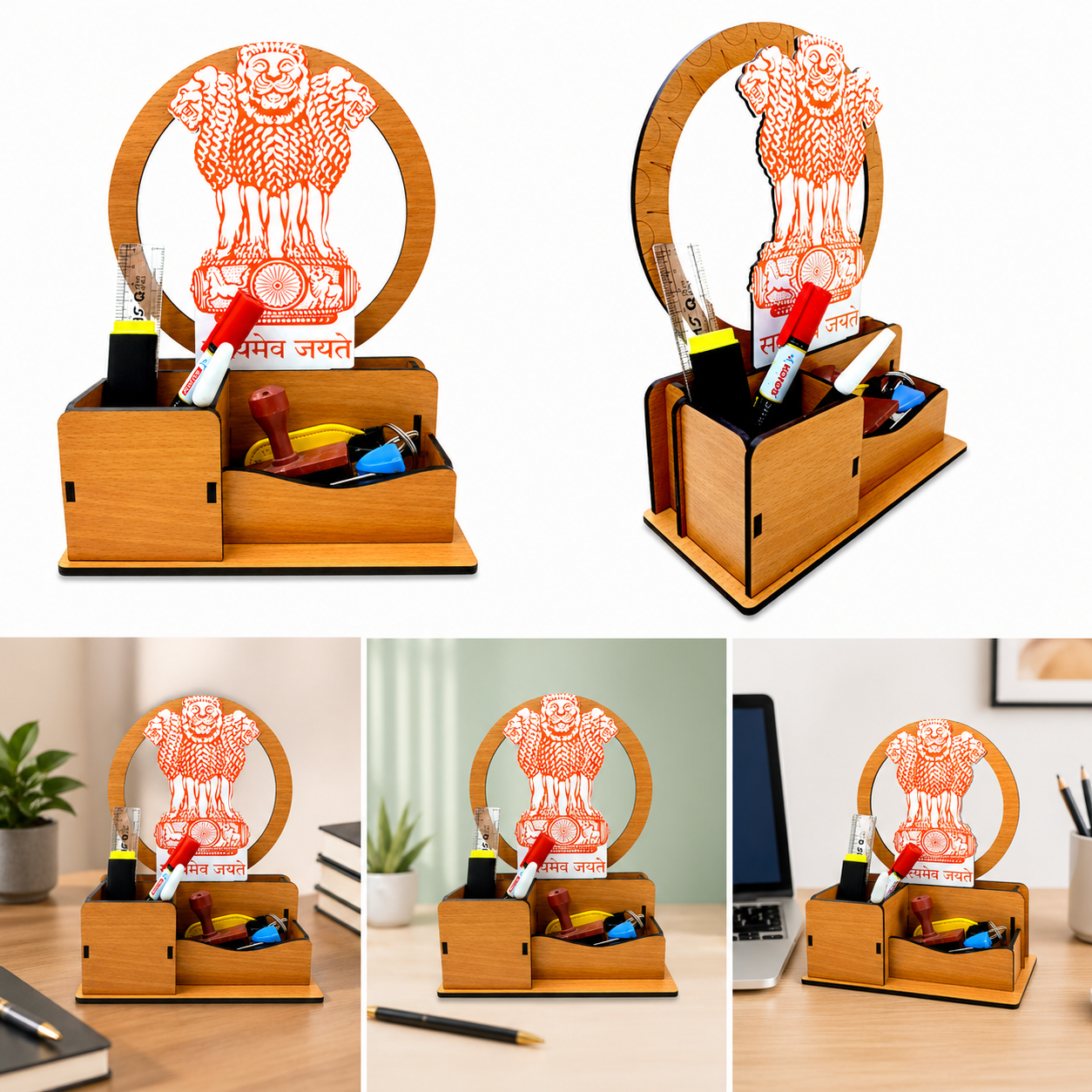 Ashoka Emblem Inspired Wooden Desk Organizer with Pen Stand | Multipurpose Office Table Organizer for Pens, Stationery & Accessories | Premium Laminated MDF Wood Desk Caddy for Office, Home & Study Table