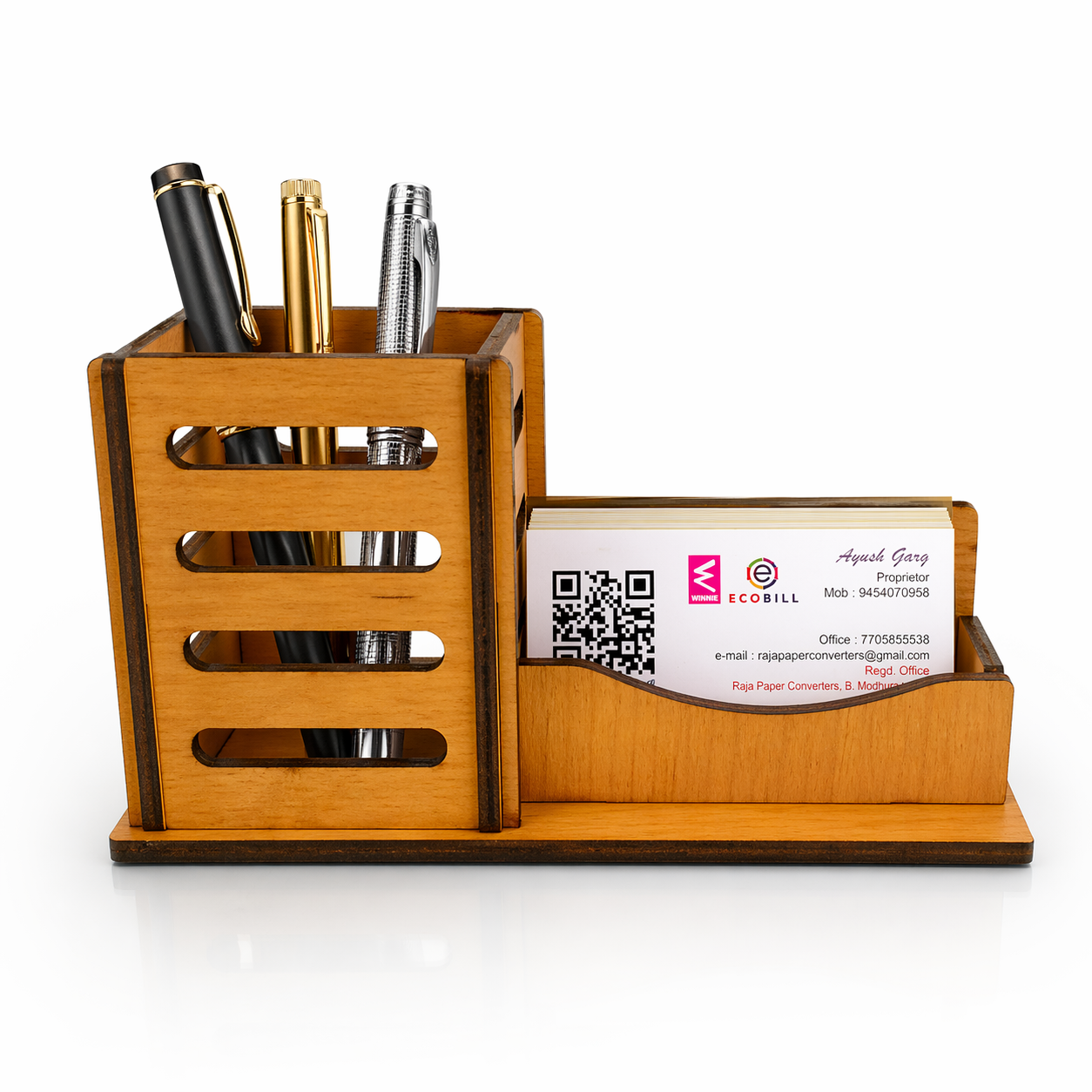 Wooden Desk Organiser with Pen Holder and Business Card Holder, Multi-Functional, Premium Wood, 17.1 x 7 x 9.5 cm