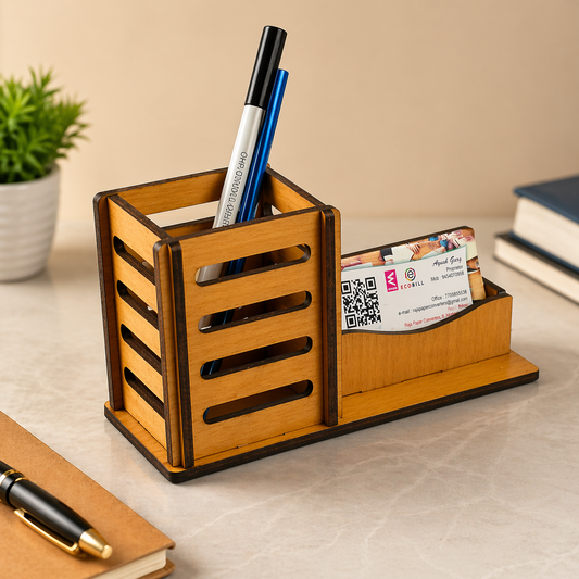 Wooden Desk Organiser with Pen Holder and Business Card Holder, Multi-Functional, Premium Wood, 17.1 x 7 x 9.5 cm