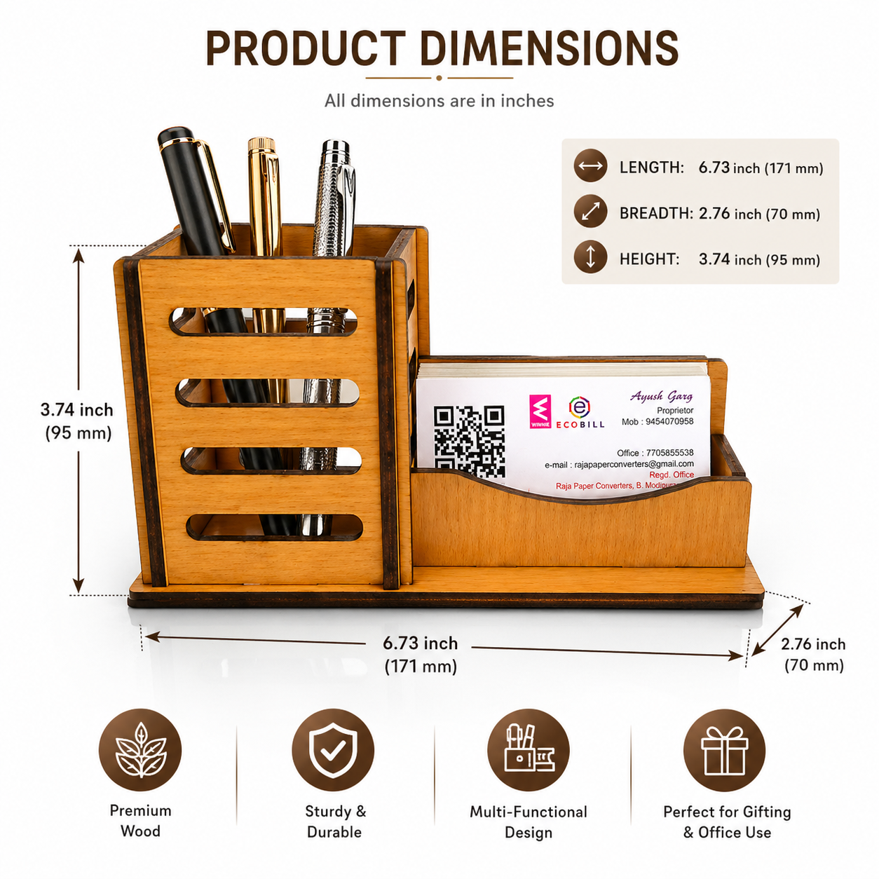 Wooden Desk Organiser with Pen Holder and Business Card Holder, Multi-Functional, Premium Wood, 17.1 x 7 x 9.5 cm
