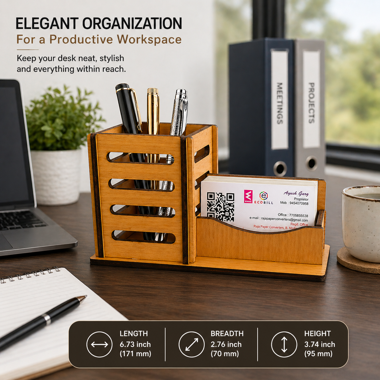 Wooden Desk Organiser with Pen Holder and Business Card Holder, Multi-Functional, Premium Wood, 17.1 x 7 x 9.5 cm