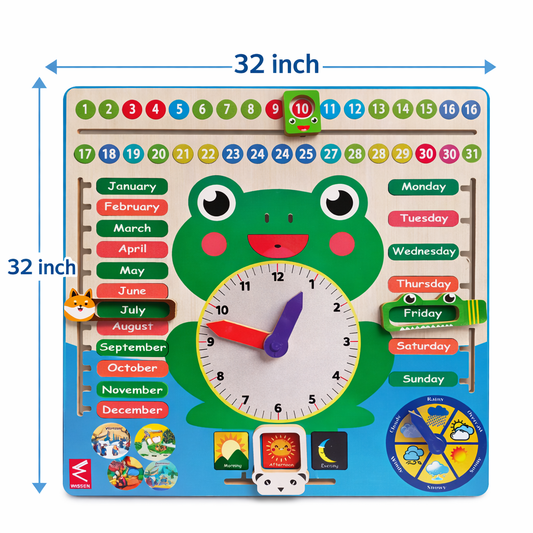 Wooden Frog Learning Calendar & Weather Board | Montessori Educational Wall Activity Board (32 × 32 Inches)