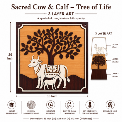 Sacred Cow & Calf – Tree of Life | 3 Layer Premium Wooden Wall Art