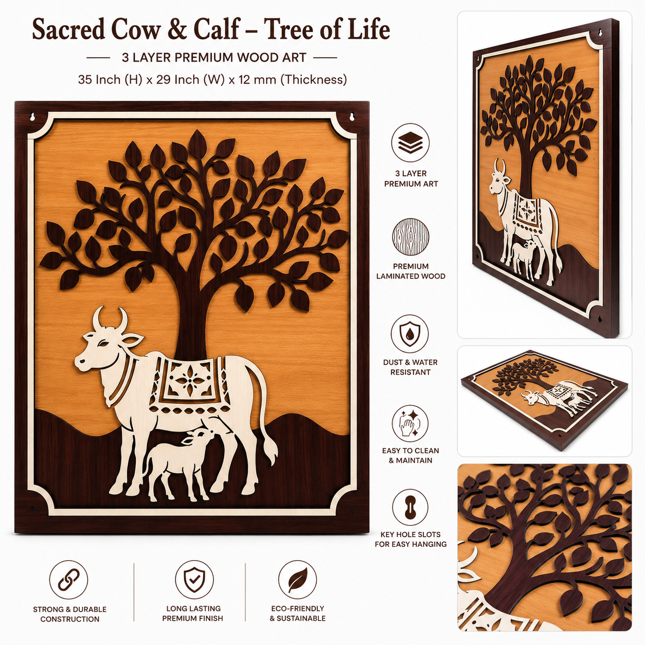 Sacred Cow & Calf – Tree of Life | 3 Layer Premium Wooden Wall Art