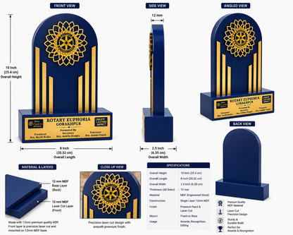 Premium Royal Blue Recognition Trophy- Wooden - 10 inch