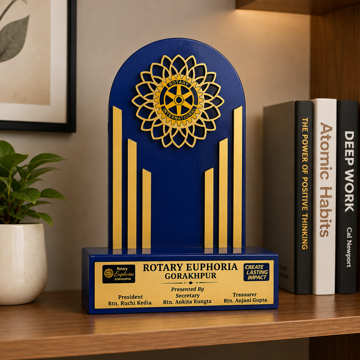 Premium Royal Blue Recognition Trophy- Wooden - 10 inch