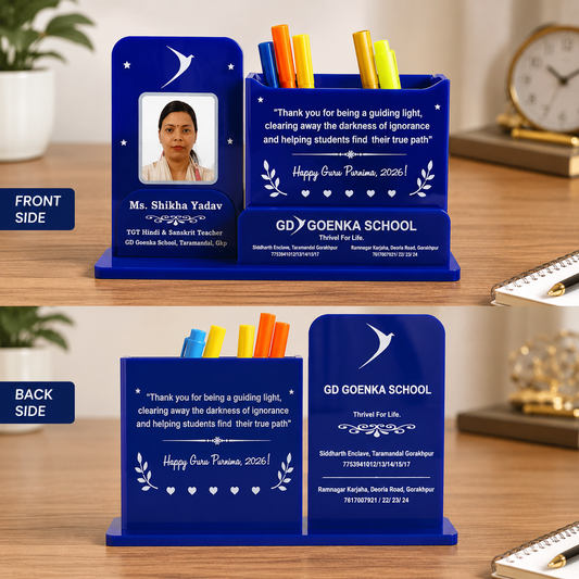 Teacher's Personalised Desk Organiser with Photo Frame & Pen Stand - Acrylic- Double side- 9*5 inch