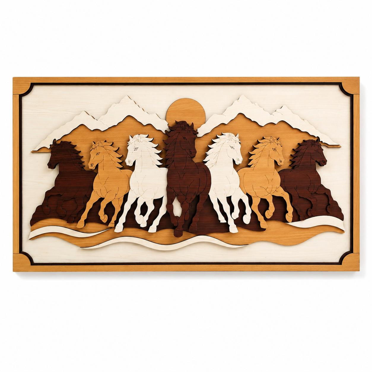 WISSEN 7 Horse Wooden Wall Art | Premium 5 Layer 3D Wooden Wall Decor for Living Room, Office &amp; Home | Vastu Decorative Wall Hanging (36 x 19.5 Inches)