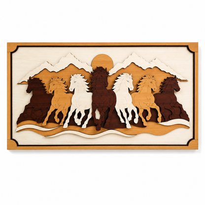 WISSEN 7 Horse Wooden Wall Art | Premium 5 Layer 3D Wooden Wall Decor for Living Room, Office &amp; Home | Vastu Decorative Wall Hanging (36 x 19.5 Inches)
