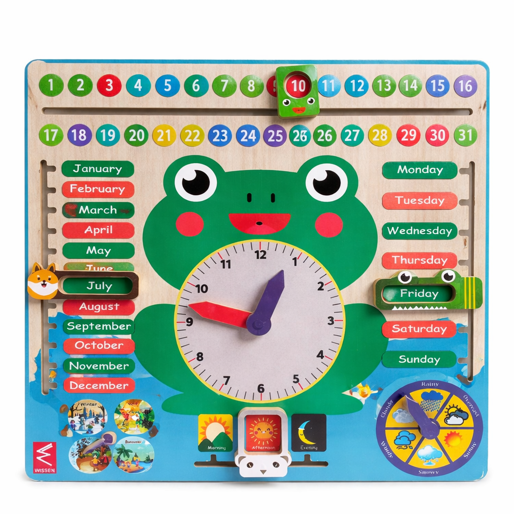 Wooden Frog Learning Calendar & Weather Board | Montessori Educational Wall Activity Board (32 × 32 Inches)