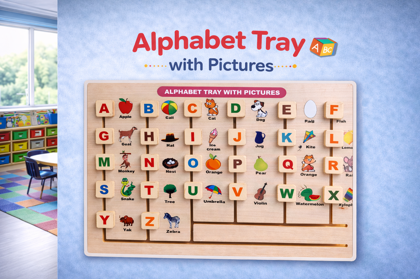 Wooden Alphabet Matching Tray with Pictures | Montessori Alphabet Learning Board (36 × 24 Inches)