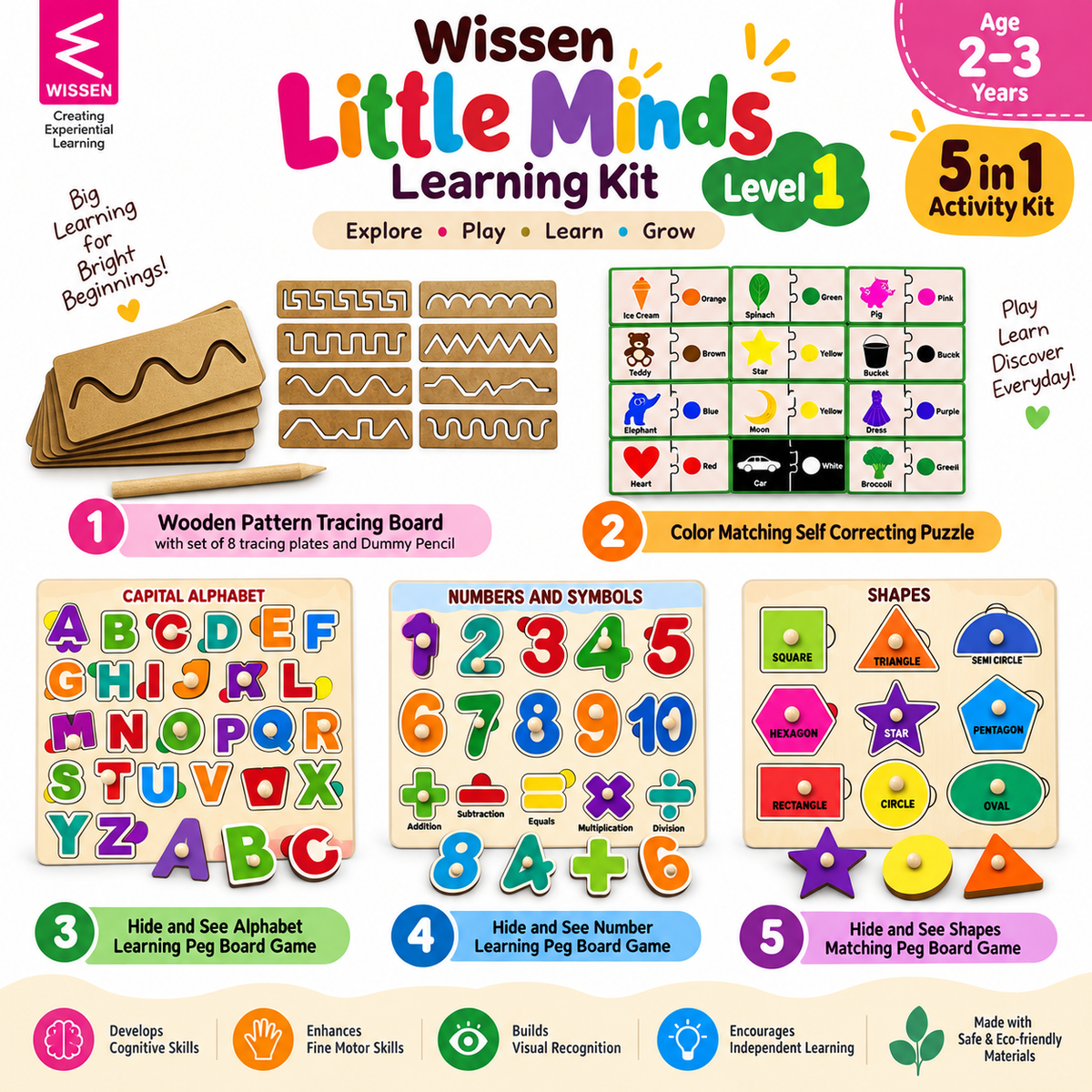 Wissen Little Minds Learning Kit – 5-in-1 Wooden Educational Activity Toys for Toddlers, Early Learning Kit for Kids Ages 2–3 Years