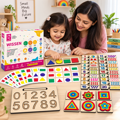 Wissen Maths Learning Kit for Kids Age 3–4 Years | 4-in-1 Wooden Educational Toys for Toddlers & Preschoolers | Number Puzzle, Number Tracing, Shape Matching & Pattern Matching Activity Set