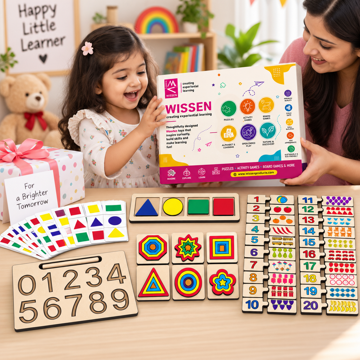 Wissen Maths Learning Kit for Kids Age 3–4 Years | 4-in-1 Wooden Educational Toys for Toddlers & Preschoolers | Number Puzzle, Number Tracing, Shape Matching & Pattern Matching Activity Set