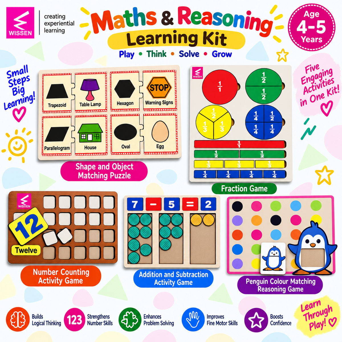 Wissen Maths & Reasoning Learning Kit for Kids Age 4–5 Years | 5-in-1 Wooden Educational Activity Set | Number Counting, Addition & Subtraction, Fractions, Shape Matching & Colour Reasoning Games