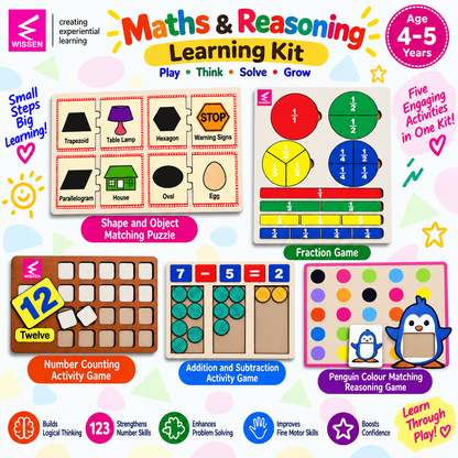 Wissen Maths & Reasoning Learning Kit for Kids Age 4–5 Years | 5-in-1 Wooden Educational Activity Set | Number Counting, Addition & Subtraction, Fractions, Shape Matching & Colour Reasoning Games