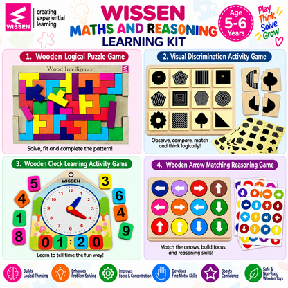 Wissen Maths & Reasoning Learning Kit for Kids Age 5–6 Years | 4-in-1 Wooden Educational Activity Games | Tangram Logical Puzzle, Visual Discrimination, Clock Learning & Arrow Matching Game | Preschool & Early Learning Toy