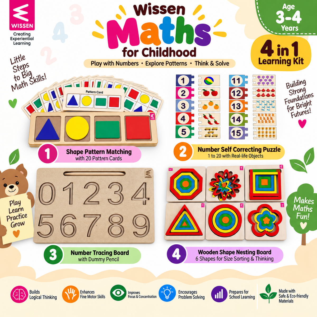 Wissen Maths Learning Kit for Kids Age 3–4 Years | 4-in-1 Wooden Educational Toys for Toddlers & Preschoolers | Number Puzzle, Number Tracing, Shape Matching & Pattern Matching Activity Set