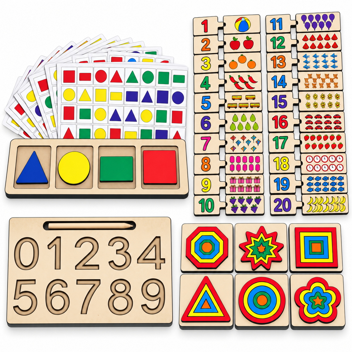 Wissen Maths Learning Kit for Kids Age 3–4 Years | 4-in-1 Wooden Educational Toys for Toddlers & Preschoolers | Number Puzzle, Number Tracing, Shape Matching & Pattern Matching Activity Set
