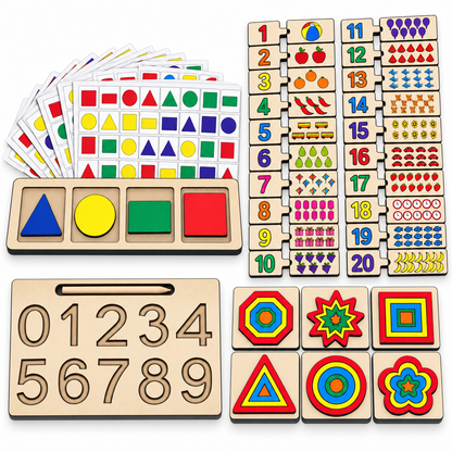 Wissen Maths Learning Kit for Kids Age 3–4 Years | 4-in-1 Wooden Educational Toys for Toddlers & Preschoolers | Number Puzzle, Number Tracing, Shape Matching & Pattern Matching Activity Set