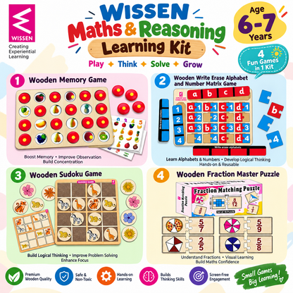 Wissen Maths & Reasoning Learning Kit for Kids Age 6–7 Years | 4-in-1 Wooden Educational Games – Memory Game, Alphabet & Number Matrix, Sudoku & Fraction Master Puzzle | Brain Development & Logical Thinking Toy