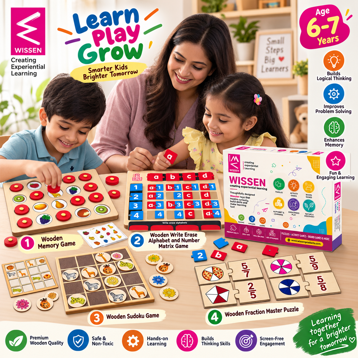 Wissen Maths & Reasoning Learning Kit for Kids Age 6–7 Years | 4-in-1 Wooden Educational Games – Memory Game, Alphabet & Number Matrix, Sudoku & Fraction Master Puzzle | Brain Development & Logical Thinking Toy