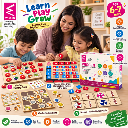 Wissen Maths & Reasoning Learning Kit for Kids Age 6–7 Years | 4-in-1 Wooden Educational Games – Memory Game, Alphabet & Number Matrix, Sudoku & Fraction Master Puzzle | Brain Development & Logical Thinking Toy