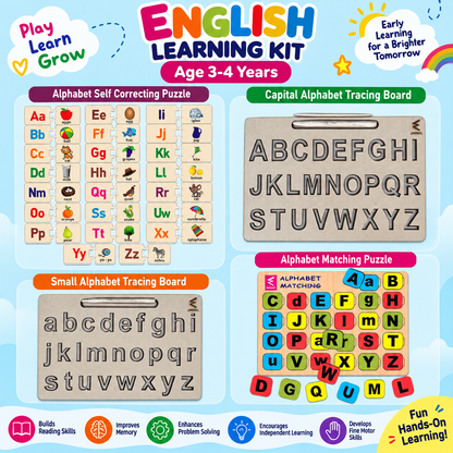 Wissen English Learning Kit for Kids Age 3–4 Years | Wooden Alphabet Matching Puzzle, Capital & Small Letter Tracing Boards & Alphabet Matching Game | Preschool Educational Toys for Early Learning