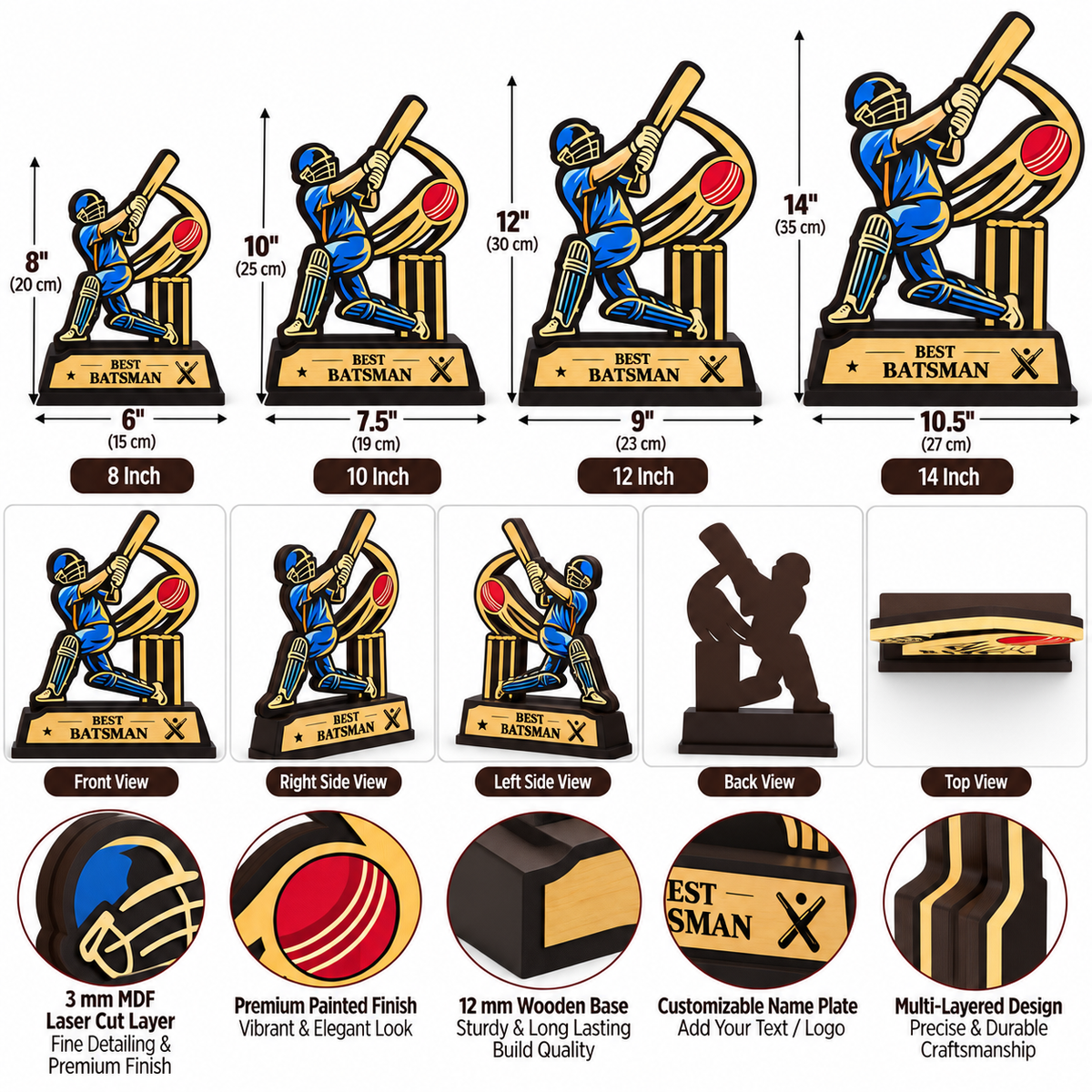 Best Batsman Wooden Trophy |  Award Trophy & Memento - Avl sizes- 8,10,12,14 inch