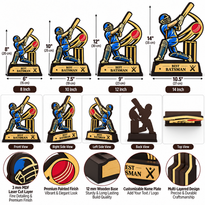 Best Batsman Wooden Trophy |  Award Trophy & Memento - Avl sizes- 8,10,12,14 inch