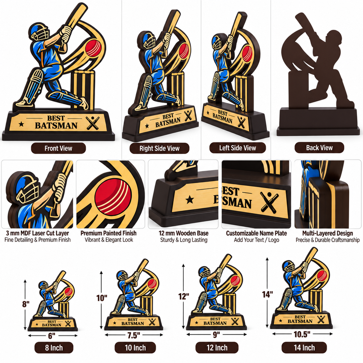 Best Batsman Wooden Trophy |  Award Trophy & Memento - Avl sizes- 8,10,12,14 inch