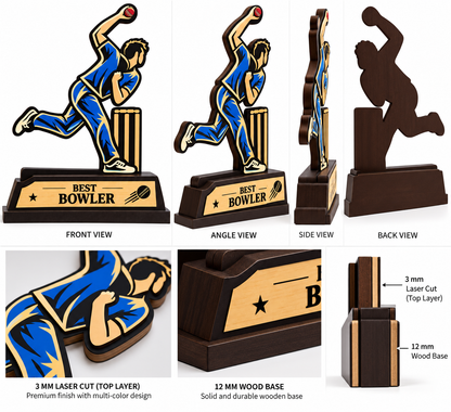 Best Bowler – Wooden Cricket Trophy - Avl sizes- 8,10,12,14 inch
