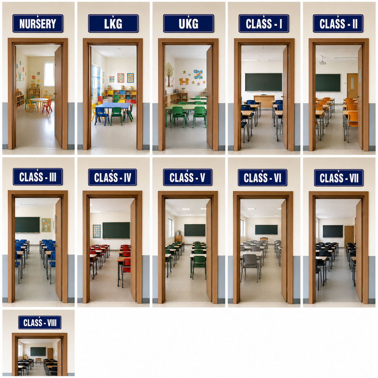 Nursery – Class VIII Sign Board (Single Side) - MDF - 12*4 inch each- Set of 11 Signage
