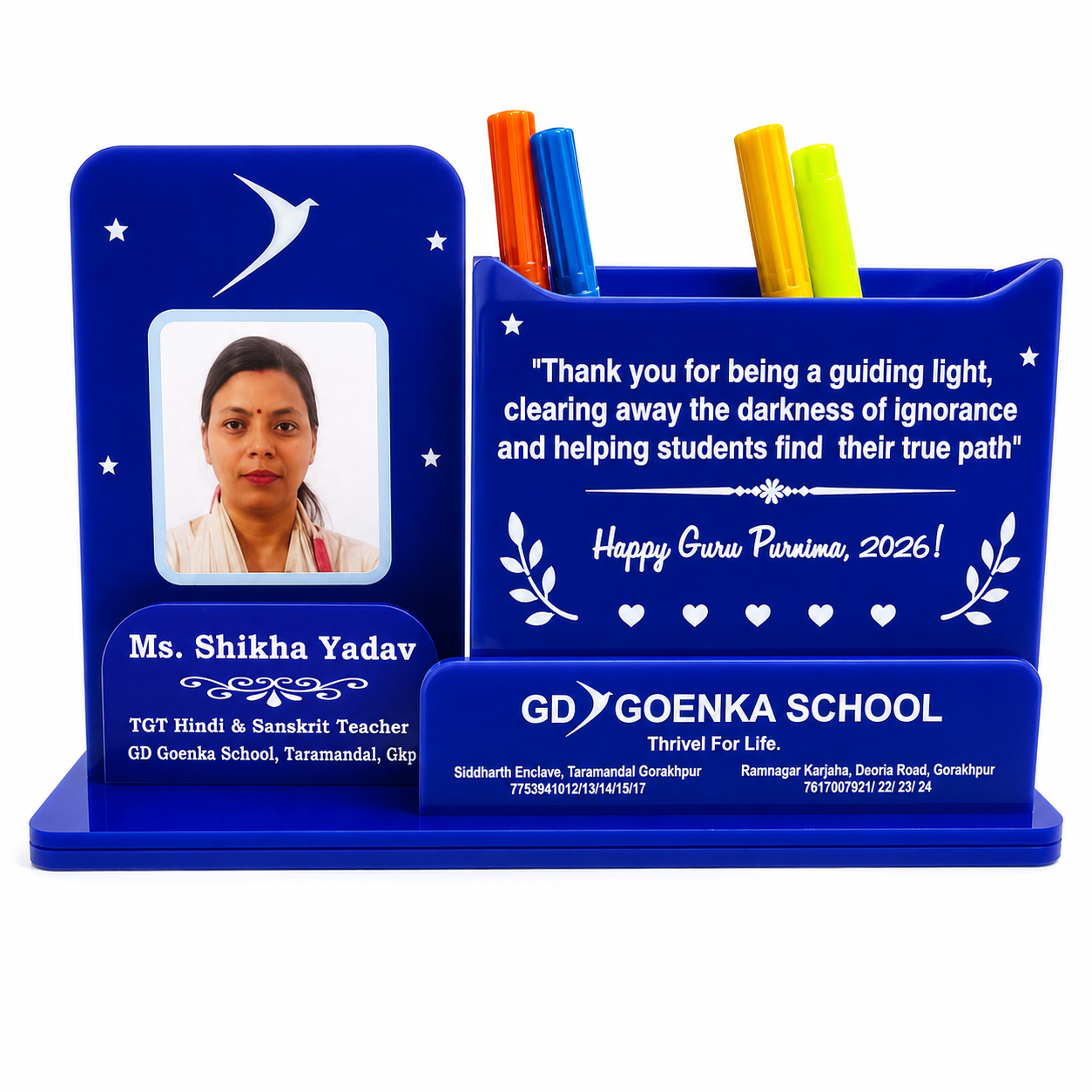 Teacher's Personalised Desk Organiser with Photo Frame & Pen Stand - Acrylic- Double side- 9*5 inch
