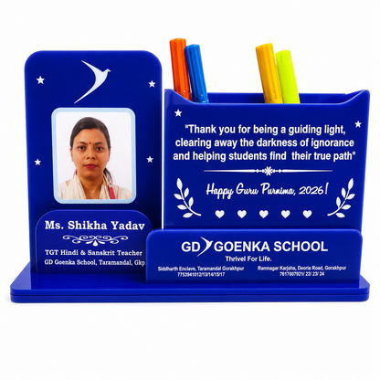Teacher's Personalised Desk Organiser with Photo Frame & Pen Stand - Acrylic- Double side- 9*5 inch