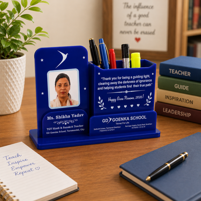 Teacher's Personalised Desk Organiser with Photo Frame & Pen Stand - Acrylic- Double side- 9*5 inch