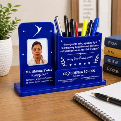 Teacher's Personalised Desk Organiser with Photo Frame & Pen Stand - Acrylic- Double side- 9*5 inch