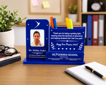 Teacher's Personalised Desk Organiser with Photo Frame & Pen Stand - Acrylic- Double side- 9*5 inch
