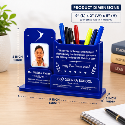 Teacher's Personalised Desk Organiser with Photo Frame & Pen Stand - Acrylic- Double side- 9*5 inch